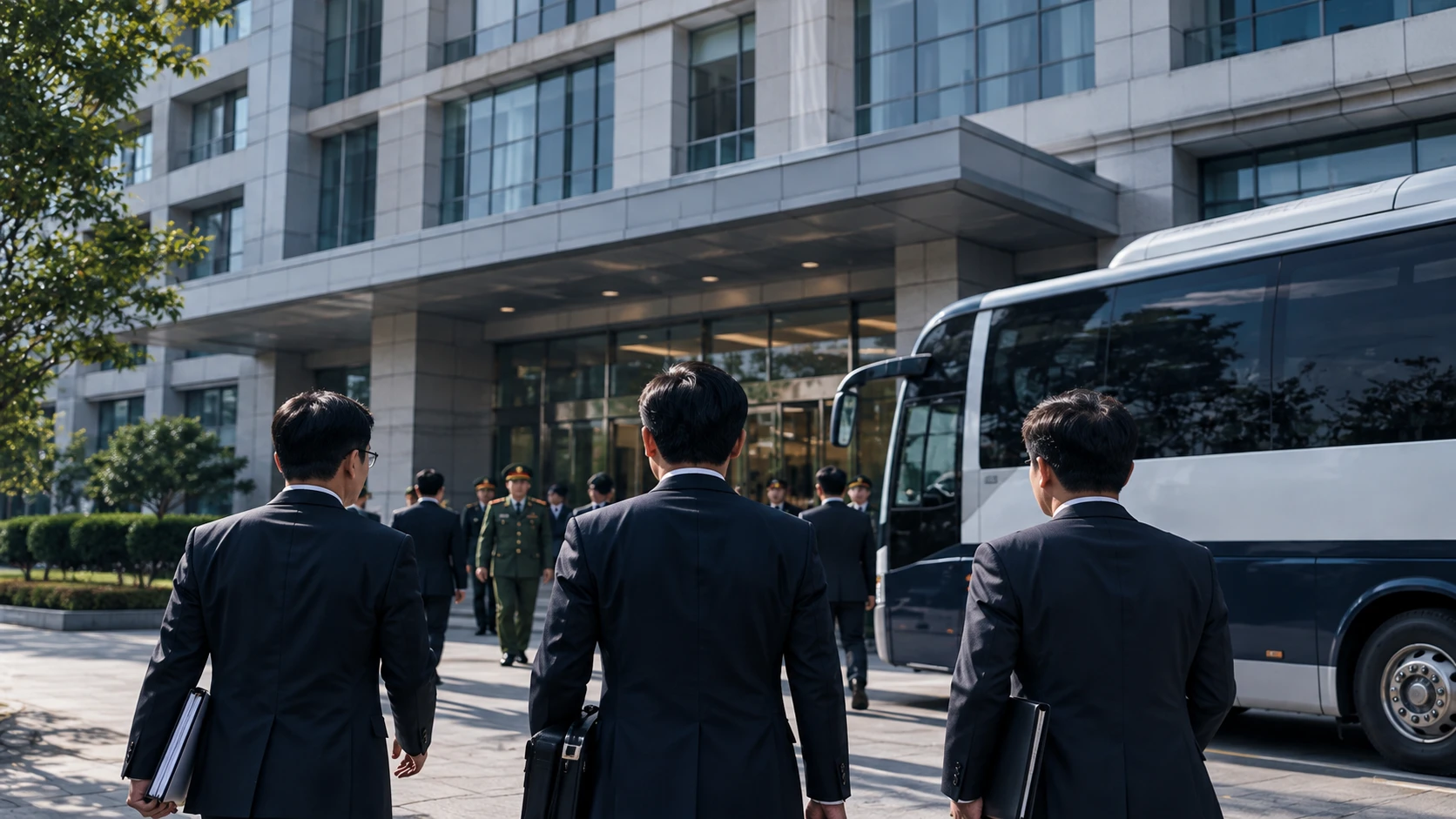 기업 건물 앞에 대형버스와 정장 차림의 인원이 모인 이미지 (참고 이미지)